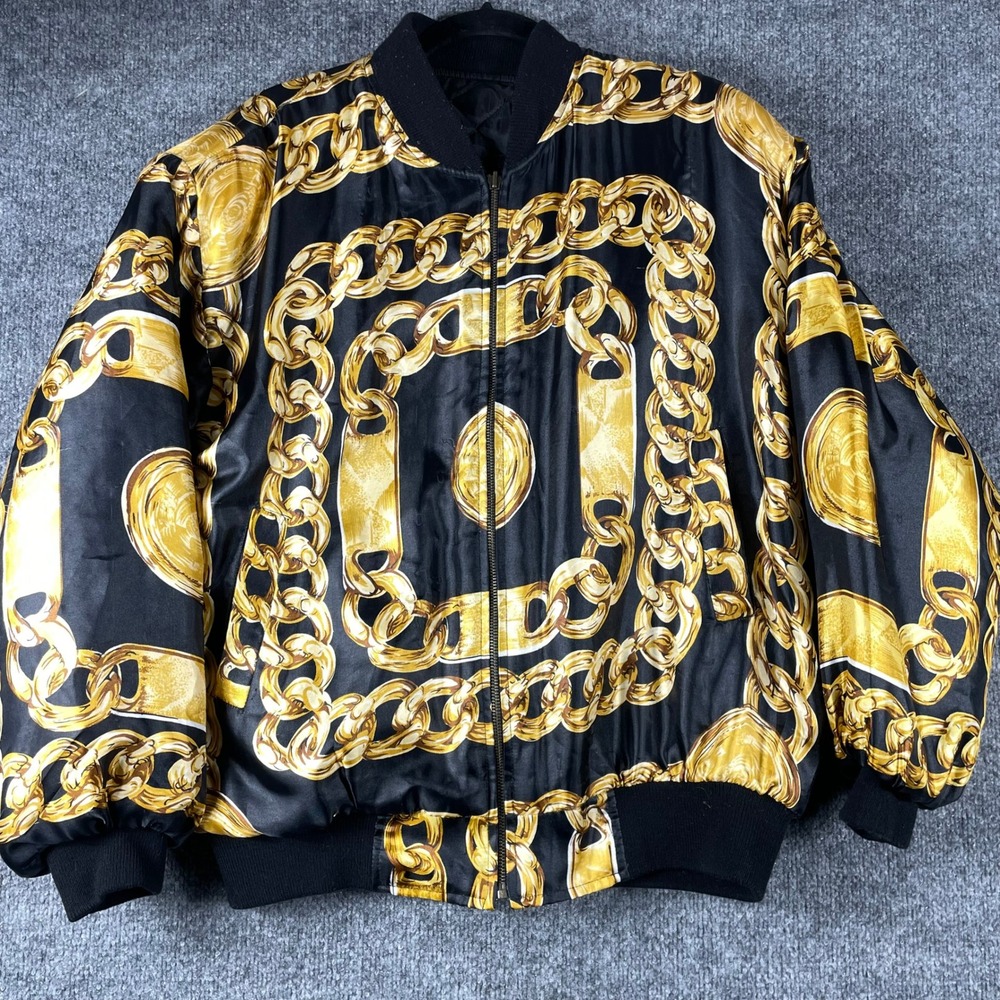 Vintage Unbranded Jacket Adult Large Black Gold Chain Link 80s Bomber Hip Hop